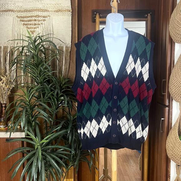 Vintage 90s Peconic Bay Traders Argyle Sweater Vest XL USA Grandpa Dad Golf Ivy - Picture 1 of 10